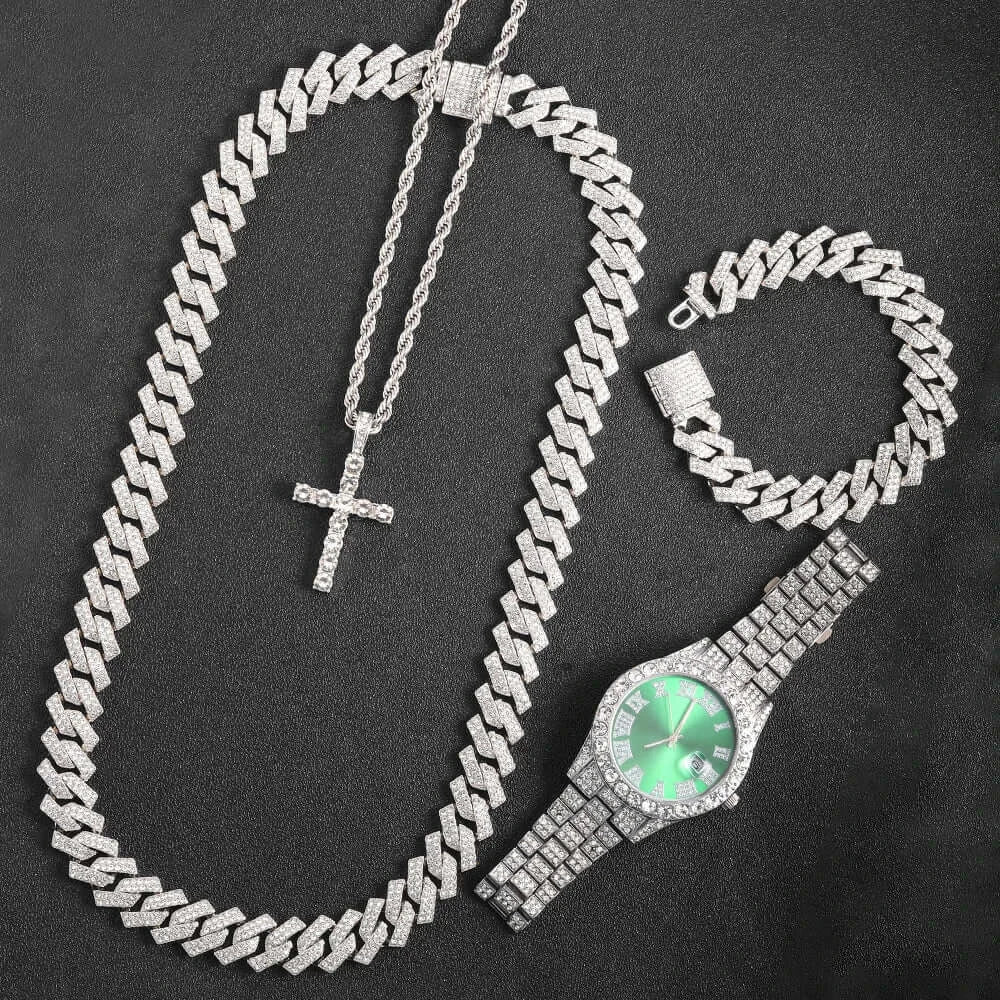 16mm Hip Hop Miami Cuban Link Chain Set Necklace +Watch+Bracelet Creative Iced Out Shiny Trendy Stylish Jewelry For Women Men - FashionN hub
