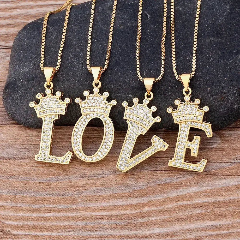 Nidin New Design 26 Letters A - Z Zircon Crown Initial Alphabet Pendant Necklace Punk Hip - Hop Style Choker Chain Jewelry Gift - FashionN hub