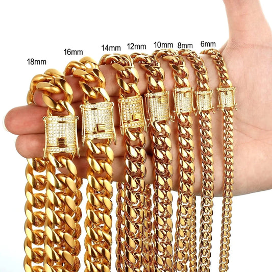 New Arrival 8mm - 18mm Stainless Steel Miami Curb Cuban Chain Bracelet Necklace for Women Men jewelry Casting Crystal Lock - FashionN hub