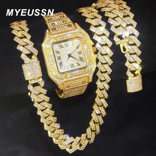 Gold Color Cuban Chain Watch for Men,Hip Hop Miami Curb,Iced Out Paved Rhinestones,Bling Rapper Necklace, Watch+Bracelet Jewelry - FashionN hub