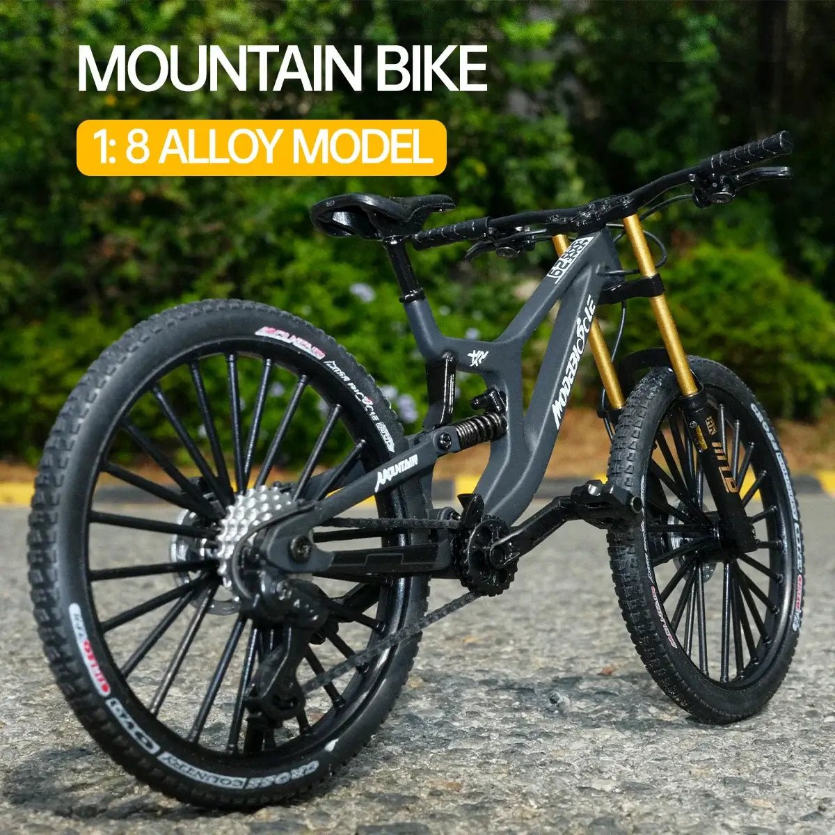 1:8 Alloy mountain bike model with base - features realistic gears and dual suspension, perfect for cycling enthusiasts - FashionN hub