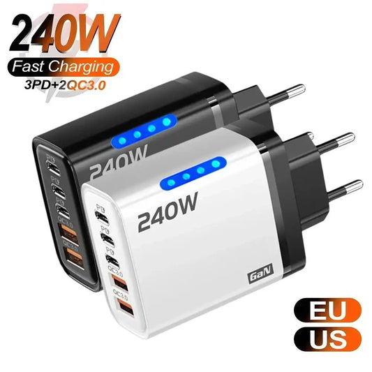 240W 5 Ports USB PD Charger Type C Quick Charge Phone Chargers USB Fast Charging Adapter For iPhone 16 Samsung Xiaomi Huawei - FashionN hub
