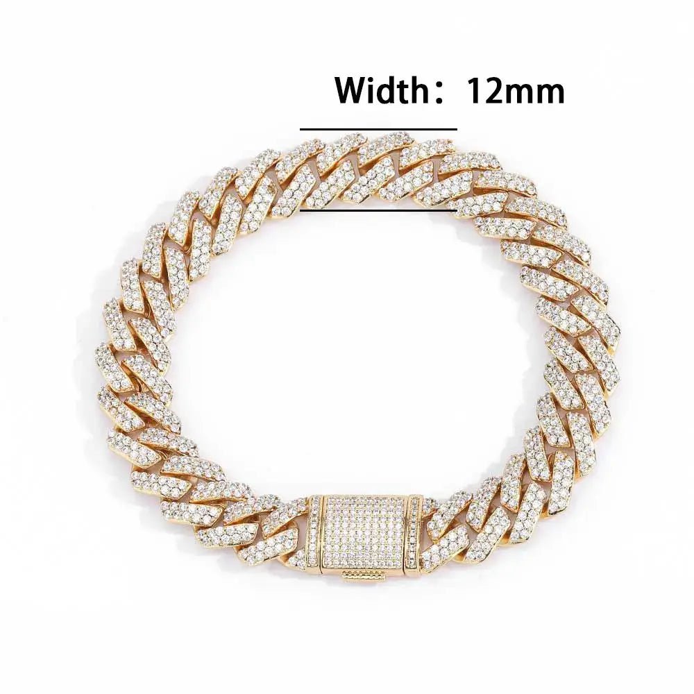 12mm Full Iced Out Diamond Cuban Link Bracelet Hip Hop 18K or White Gold Plated Miami Prong - setting Bracelets for Men Women - FashionN hub