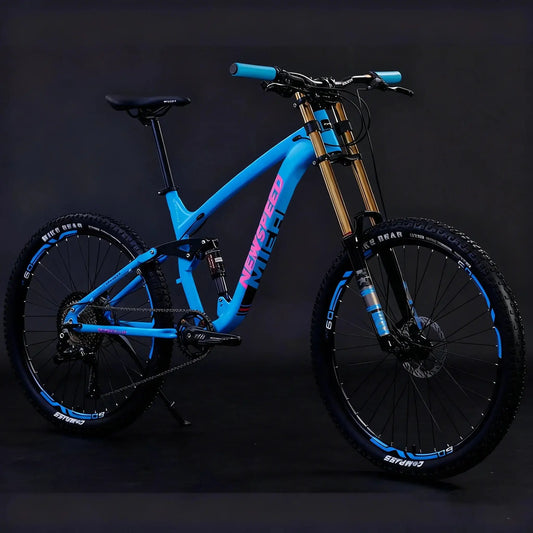 Factory Wholesale 26'' 27.5'' 29'' Inch Alloy Frame Full Suspension 11 Speed Mountain Bike Bicycle in blue color.