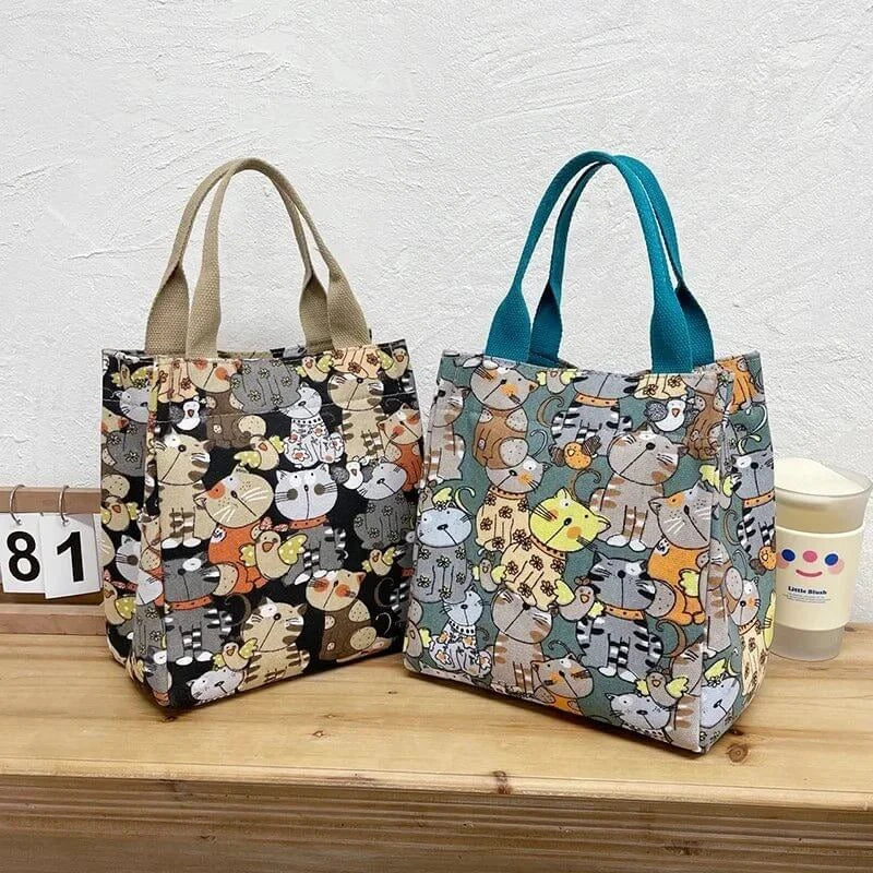 Fashion Fashionable Top-handle Bag with Cute Cat Pattern Portable Mommy Bag for Women Retro Art Hand Bag Shopping - Colorful design
