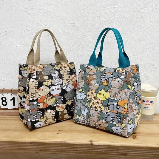 Fashion Fashionable Top-handle Bag with Cute Cat Pattern Portable Mommy Bag for Women Retro Art Hand Bag Shopping - Colorful design