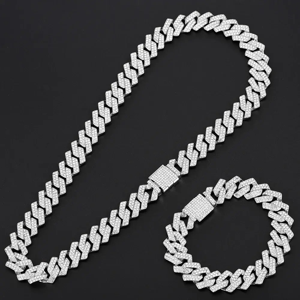 16mm Hip Hop Miami Cuban Link Chain Set Necklace +Watch+Bracelet Creative Iced Out Shiny Trendy Stylish Jewelry For Women Men - FashionN hub