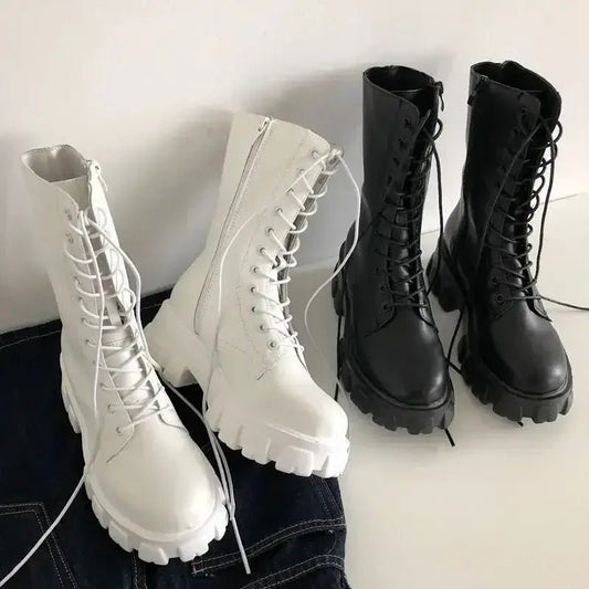 2024 New Thicken Winter Knight Boots Women Knee High Long Square Heel Boots Retro Thick Motorcycle Boots Black White Botas Mujer - FashionN hub