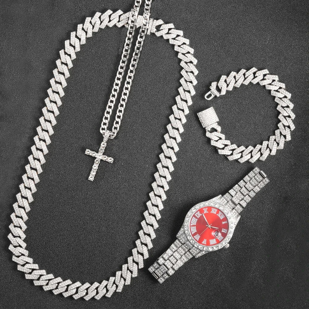 16mm Hip Hop Miami Cuban Link Chain Set Necklace +Watch+Bracelet Creative Iced Out Shiny Trendy Stylish Jewelry For Women Men - FashionN hub
