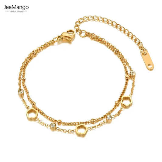 JeeMango Bohemia Stainless Steel Double - layer Charm Bracelets Trendy CZ Crystal Flower Chain Jewelry For Women Браслет JB21025 - FashionN hub