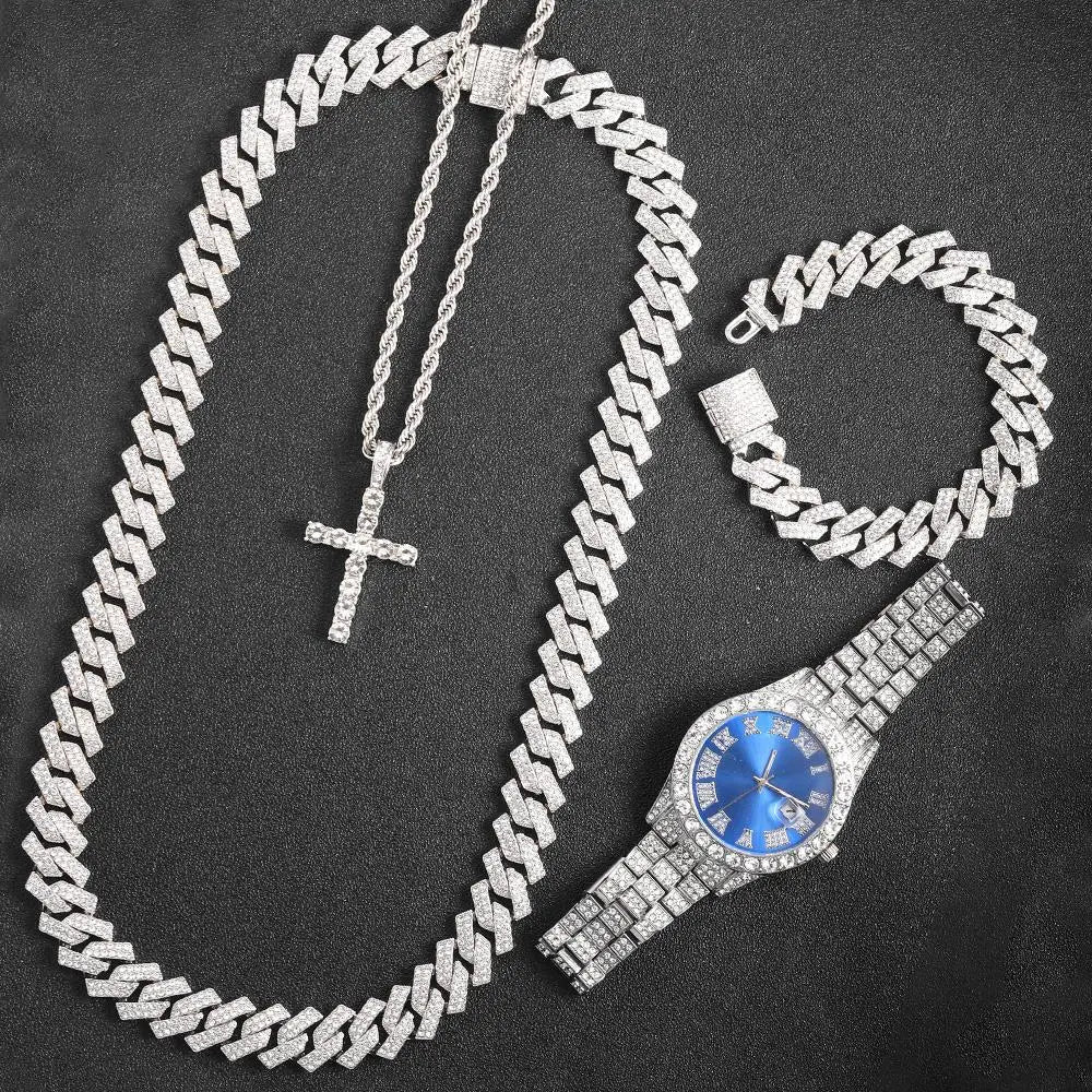 16mm Hip Hop Miami Cuban Link Chain Set Necklace +Watch+Bracelet Creative Iced Out Shiny Trendy Stylish Jewelry For Women Men - FashionN hub