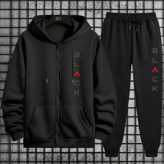 2026 Hot Sale Men 2 Piece Set Zipper Hoodie Streetwear Tracksuit Urban Fashion Outfit Black Letter Print Sweatshirt Sweatpants - FashionN hub