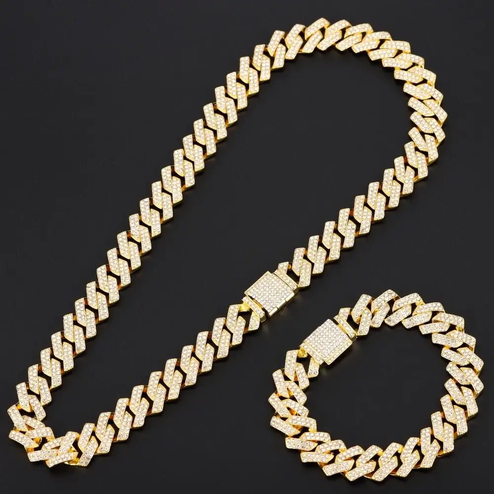 16mm Hip Hop Miami Cuban Link Chain Set Necklace +Watch+Bracelet Creative Iced Out Shiny Trendy Stylish Jewelry For Women Men - FashionN hub