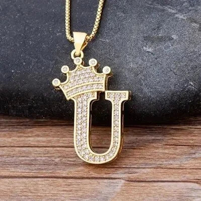 Nidin New Design 26 Letters A - Z Zircon Crown Initial Alphabet Pendant Necklace Punk Hip - Hop Style Choker Chain Jewelry Gift - FashionN hub