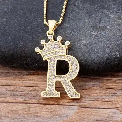 Nidin New Design 26 Letters A - Z Zircon Crown Initial Alphabet Pendant Necklace Punk Hip - Hop Style Choker Chain Jewelry Gift - FashionN hub