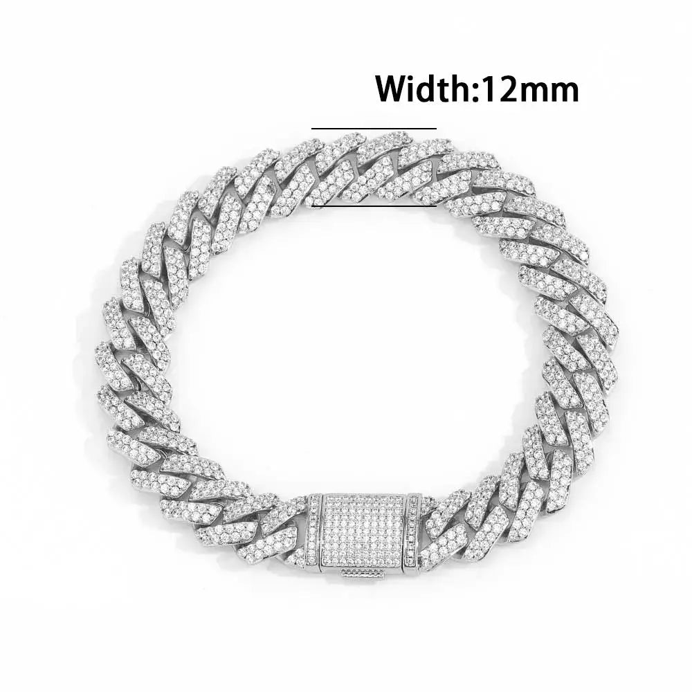 12mm Full Iced Out Diamond Cuban Link Bracelet Hip Hop 18K or White Gold Plated Miami Prong - setting Bracelets for Men Women - FashionN hub