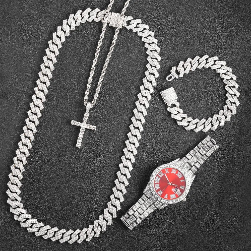 16mm Hip Hop Miami Cuban Link Chain Set Necklace +Watch+Bracelet Creative Iced Out Shiny Trendy Stylish Jewelry For Women Men - FashionN hub