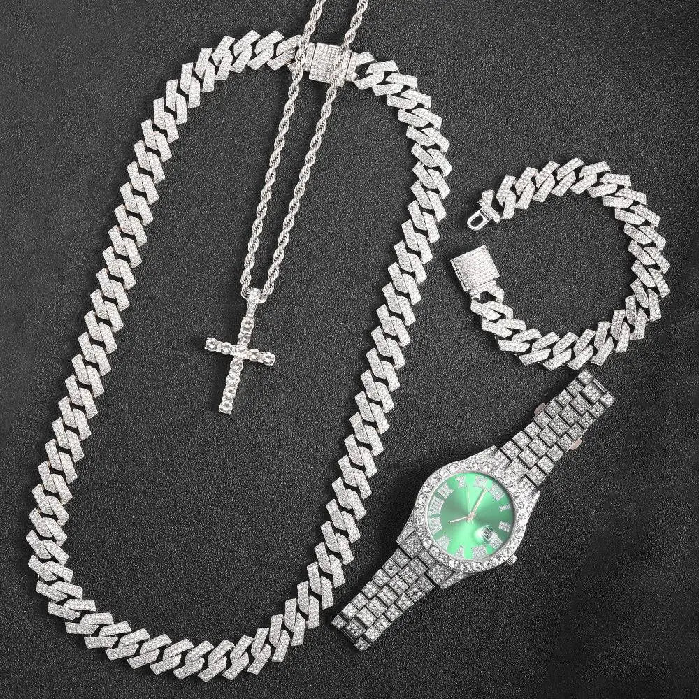 16mm Hip Hop Miami Cuban Link Chain Set Necklace +Watch+Bracelet Creative Iced Out Shiny Trendy Stylish Jewelry For Women Men - FashionN hub