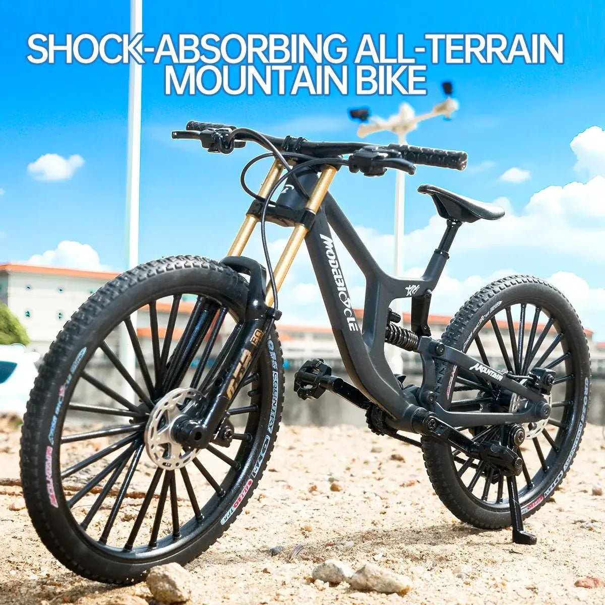 1:8 Alloy mountain bike model with base - features realistic gears and dual suspension, perfect for cycling enthusiasts - FashionN hub