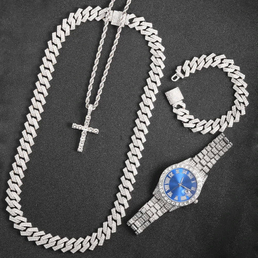 16mm Hip Hop Miami Cuban Link Chain Set Necklace +Watch+Bracelet Creative Iced Out Shiny Trendy Stylish Jewelry For Women Men - FashionN hub
